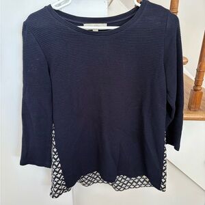 LOFT Navy Ribbed Long Sleeve Top with Printed Back